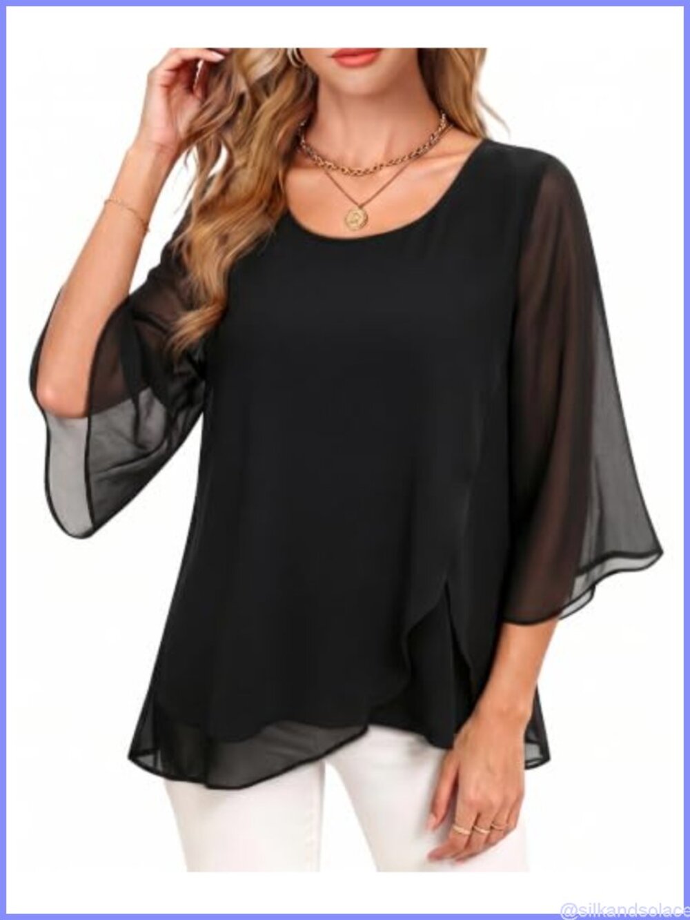 Lotusmile Womens 3/4 Bell Sleeve Asymmetrical Chiffon Blouse Scoop Neck Work Top